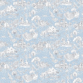 picnic on peacock island toile de jouy | fog blue | small