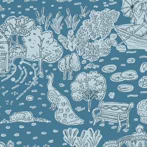 picnic on peacock island toile de jouy | teal blue | small