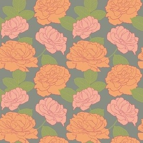 Peach and orange rose posies on dull green