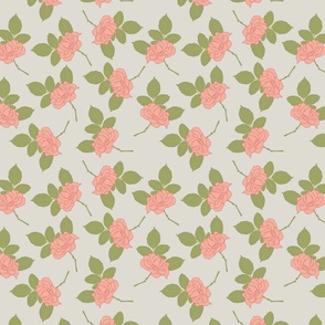 Single peach rose and stem with leaves on pale green
