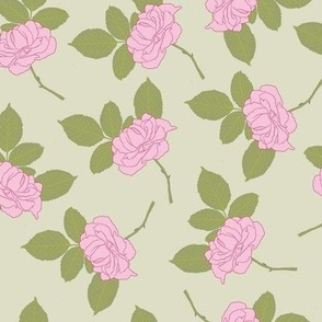 single pink rose and stem with leaves on pale green
