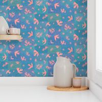 Paper Cut-Out Birds in Coral Pink | Paper collage, paper cut, Matisse birds in coral pink and lagoon blue, doves, ocean, mod art quilt, papercut.