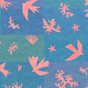 Paper Cut-Out Birds in Coral Pink | Paper collage, paper cut, Matisse birds in coral pink and lagoon blue, doves, ocean, mod art quilt, papercut.