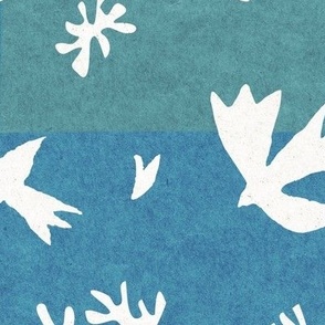 Paper Cut-Out Birds in White Sand (xl scale) | Paper collage, paper cut, Matisse birds in white sand and bright, lagoon blue, doves, ocean, mod art quilt, papercut.