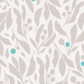 Leaves and Berries Silhouette. Medium. Grey on grey with turquoise accents