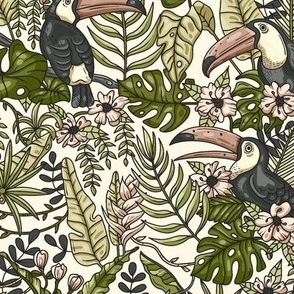 Neutral Colors Jungle with Toucan Birds / Small Scale