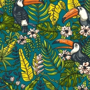 Green Jungle with Toucan Birds / Small Scale