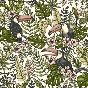 Neutral Colors Jungle with Toucan Birds / Large Scale