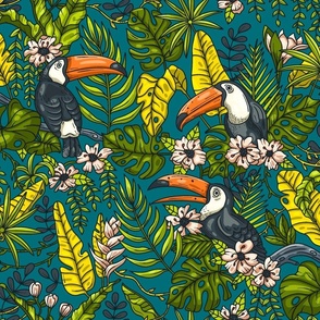 Green Jungle with Toucan Birds / Large Scale