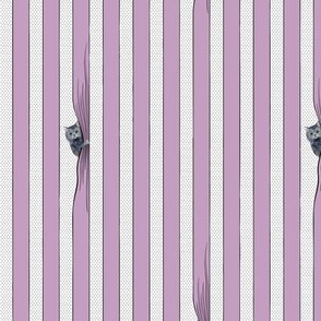 Pop art of purple and white textured stripes with playful cats ideal for nursery wall paper - small repeat 