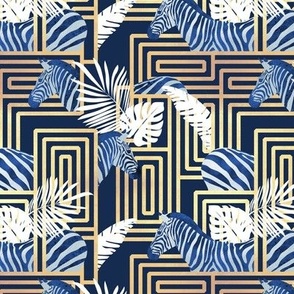 Small scale // Zebra exotic stripes // navy blue background golden lines blue zebras, white tropical leaves