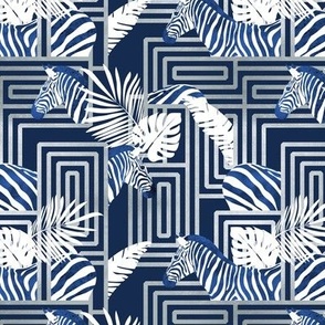 Small scale // Zebra exotic stripes // navy blue background silver lines blue zebras, white tropical leaves