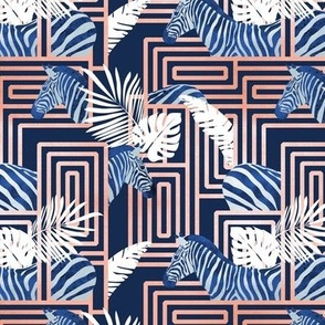 Small scale // Zebra exotic stripes // navy blue background coral rose metal lines blue zebras, white tropical leaves