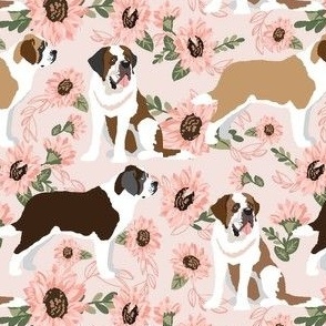 St. Bernard Dog with Pink Sunflowers - Dog Fabric