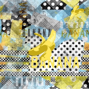 Banana fruit collage art modern style pattern design_large scale- colors and shapes with chess polka dots and other patterns on and textures around
