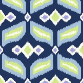 Geometric Ikat abstract hexagonal grid - sky blue, honeydew, lilac and soft white on navy blue - large