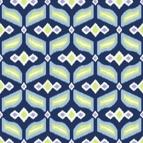 Geometric Ikat abstract hexagonal grid - sky blue, honeydew, lilac and soft white on navy blue - medium