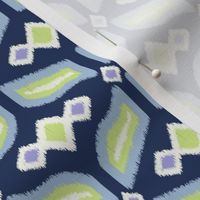 Geometric Ikat abstract hexagonal grid - sky blue, honeydew, lilac and soft white on navy blue - small