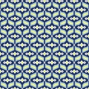 Geometric Ikat abstract hexagonal grid - sky blue, honeydew, lilac and soft white on navy blue - small