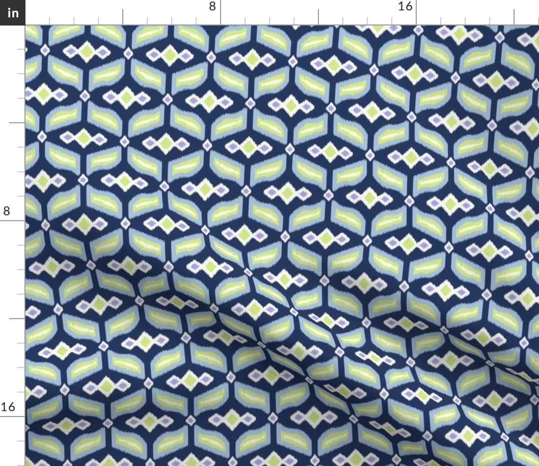Geometric Ikat abstract hexagonal grid - sky blue, honeydew, lilac and soft white on navy blue - small