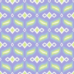 Geometric Ikat abstract hexagonal grid - sky blue, honeydew and soft white on lilac/purple - medium