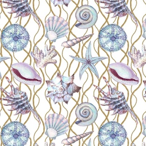 Watercolor seashells and ropes grid