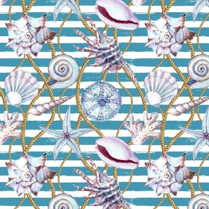 Watercolor seashells, ropes grid and teal stripes