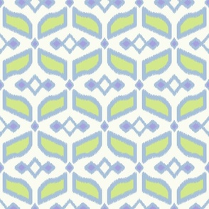 Geometric Ikat abstract hexagonal grid - sky blue, honeydew on soft white - medium