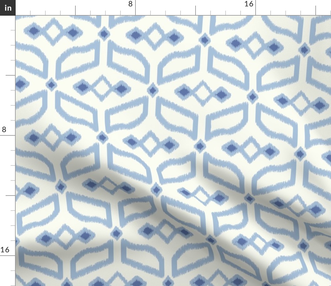 Geometric Ikat abstract hexagonal grid - sky blue on soft white - medium