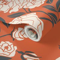 (l) Modern Victorian Blooms: Maximalist Climbing Rose Floral in a Contemporary yet Classic Repeat for Wallpaper and Fabric | Cream and Scarlet Orange | Large Scale (24 x 45.5 inch repeat) | Modern Victorian Farmhouse