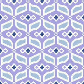 Geometric Ikat abstract hexagonal grid - sky blue and soft white on lilac/purple - medium