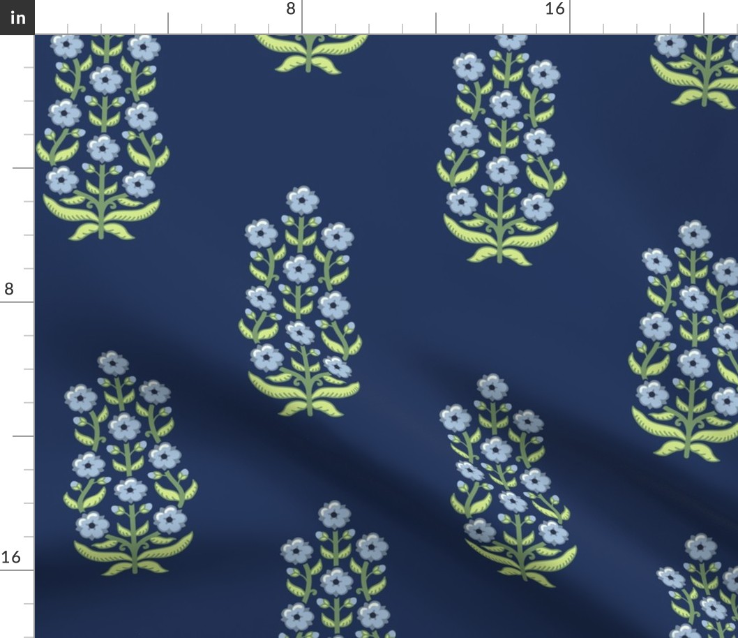 Classic chinoiserie ethnic floral - sky blue flowers on navy blue - large