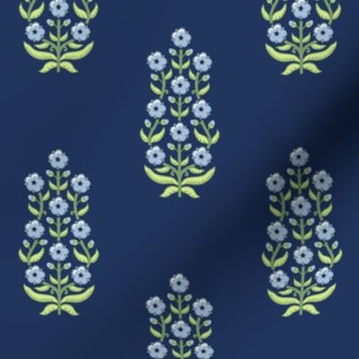 Classic chinoiserie ethnic floral - sky blue flowers on navy blue - medium