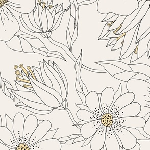 medium-Quiet Gardens black line drawing and gold-2022 neutral copy
