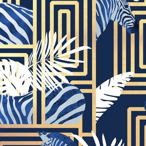 Large jumbo scale // Zebra exotic stripes // navy blue background golden lines blue zebras, white tropical leaves