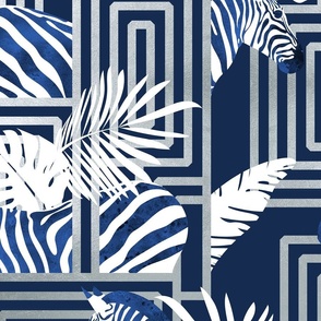 Large jumbo scale // Zebra exotic stripes // navy blue background silver lines blue zebras, white tropical leaves