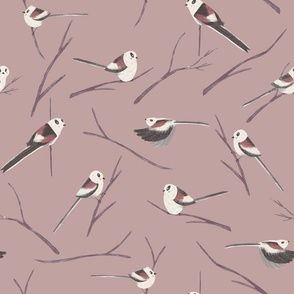 Mauve cute little birds (flock of birds) with branches