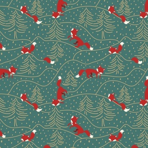 Fox in the snow | Gold and red on teal green | Pine trees forest hills | Medium