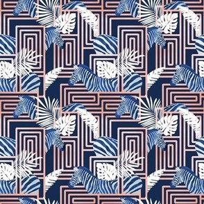 Tiny scale // Zebra exotic stripes // navy blue background coral rose metal lines blue zebras, white tropical leaves