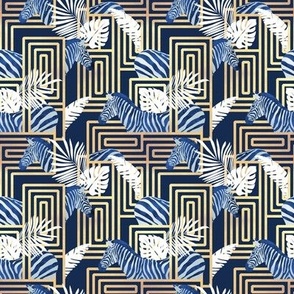 Tiny scale // Zebra exotic stripes // navy blue background golden lines blue zebras, white tropical leaves