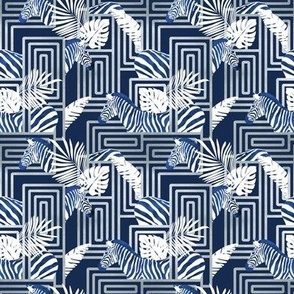 Tiny scale // Zebra exotic stripes // navy blue background silver lines blue zebras, white tropical leaves