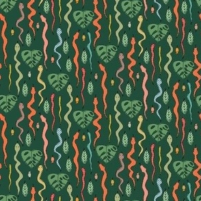 546 - Hysterical Snakes, Mice and Monstera Leaves in the tropical jungle - medium  scale for grasscloth wallpaper, kids wallpaper, kids bedroom wallpaper, kids duvet covers, children's sheet sets, kids apparel and home furnishings.