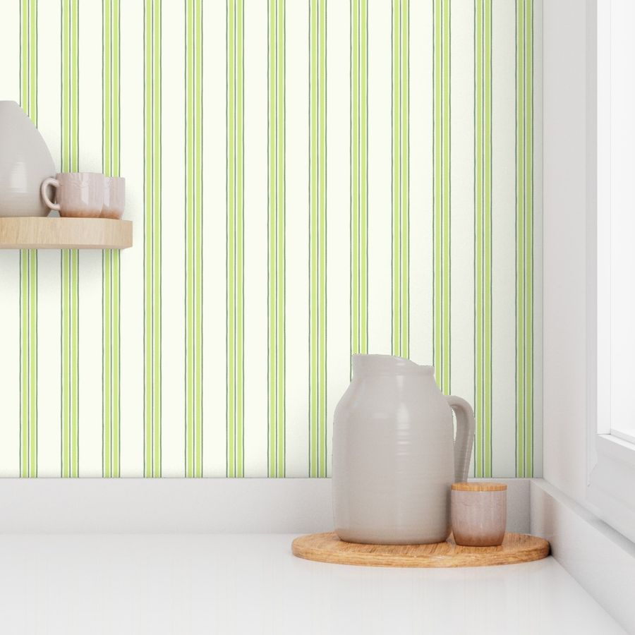 Pastel comforts ticking stripes - chinoiserie, grandmillennial coordinate - greens, honeydew, soft white - medium