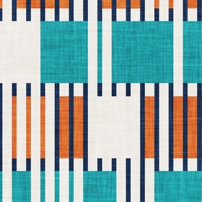 Large jumbo scale // Bold minimalist retro stripes // midnight blue orange and peacock blue geometric grid 