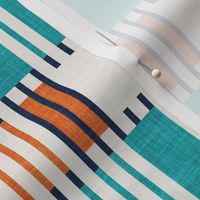 Small scale // Bold minimalist retro stripes // midnight blue orange and peacock blue geometric grid 