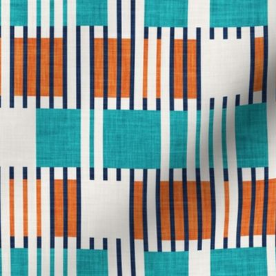Small scale // Bold minimalist retro stripes // midnight blue orange and peacock blue geometric grid 