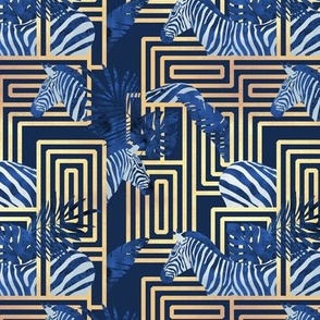 Small scale // Zebra exotic stripes // navy blue background golden lines blue zebras and tropical leaves