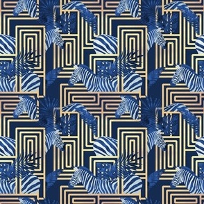 Tiny scale // Zebra exotic stripes // navy blue background golden lines blue zebras and tropical leaves