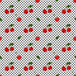 Cherries fun on white with polka black