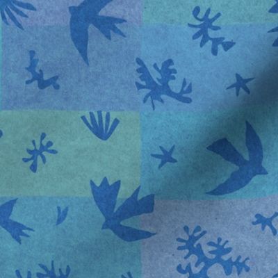 Paper Cut-Out Birds in Indigo Blue | Paper collage, paper cut, Matisse birds in indigo on lagoon blue, doves, ocean, mod art quilt, papercut in shades of blue.